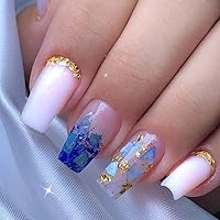 Coffin Press on Nails Medium Length Fake Nails French Tip Sparkling Blue Foil Flakes with Designs Almond False Nails Full Cover Artificial Nails Daily Wear for Women and Girls 24Pcs