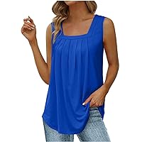 Womens Square Neck Tank Tops Loose Fit Pleated Hide Belly Tunic Sleeveless Shirts Summer Plain Flowy Beach Top