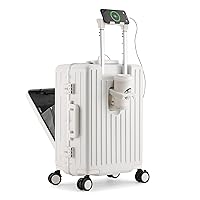 Carry on Luggage 22x14x9 Airline Approved, PC Lightweight Hardside Suitcase with Spinner Wheels, Front Pocket, USB Port, Cup Holder and Aluminum Frame, White, 20-Inch