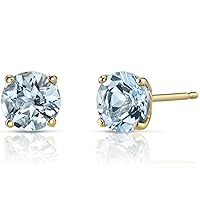 Peora 14K Yellow Gold Genuine Aquamarine Stud Earrings for Women, Classic Solitaire Round Shape, 6mm, 1.50 Carats total, Friction Back