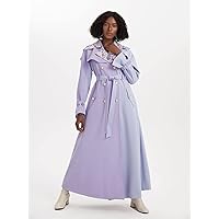 Women's Jackets Floral Print Lapel Neck Double Breasted Belted Trench Coat Women Jackets (Color : Lilac Purple, Size : Medium)