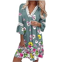 Women's Maxi Dress Beach Vacation Temperament Elegant Fresh Printed V-Neck 3/4 Sleeves Mini Dress