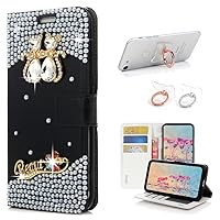 STENES Bling Wallet Phone Case Compatible with iPhone 15 Plus Case - Stylish - 3D Handmade Crystal Couple Cat Flower Magnetic Wallet Leather Cover with Ring Stand Holder [2 Pack] - White