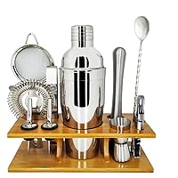 11Pcs Bar Set 750ML Cocktail Shaker Set with Stylish Wooden Stand and Recipes Booklet Perfect Home Bartending Kit with Bar Tools
