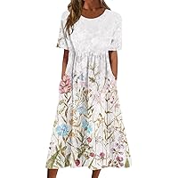 Short Sleeve Summers Wedding Tunic Dress for Women Lounge Mid Length Soft Crew Neck Lady Cotton Fit Printing White S