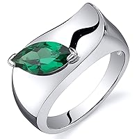 PEORA Simulated Emerald Museum Solitaire Ring for Women 925 Sterling Silver, 1 Carat Marquise Shape 10x5mm, Sizes 5 to 9