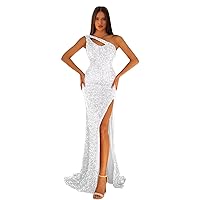 Women's Sparkly Sequins Mermaid Corset Prom Dress One Shoulder Long Pageant Dress Slit Formal Dress for Teens White US0