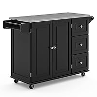 Kitchen Cart with Stainless Steel Metal Top, Rolling Mobile Kitchen Island with Storage and Towel Rack, 54 Inch Width, Black