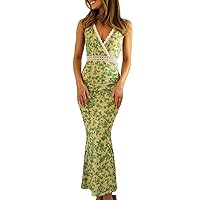 Yuemengxuan Women’s Deep V Neck Maxi Dress Y2k Sleeveless Backless Floral Print Long Bodycon Dress Sexy Summer Party Dresses