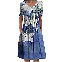 Womens Summer Pleated Front Boho Floral A-Line Dress Short Sleeve Crew Neck Casual Loose Tunic Swing Pockets Dress