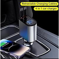 Retractable Car Charger 4 in 1with Dual Retractable USB Cord,USB A PD Port Voltage Meter Car USB Cigarette Lighter Adapter (TYPEC&IP)