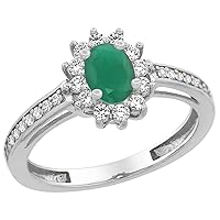 PIERA 14K White Gold Natural Cabochon Emerald Flower Halo Ring Oval 6x4mm Diamond Accents, sizes 5-10