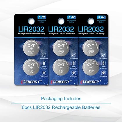 CT-ENERGY Rechargeable 2032 Lithium Battery 6 Pack 3.6V Replace Disposable CR2032 Batteries