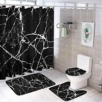 4Pcs Shower Curtain Set with Non-Slip Bathroom Rug Contour Mat and Toilet Lid Cover, Black Marble Veins Abstract Lines Waterproof Bath Curtain Decor Accessories with Hooks