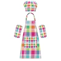 Colorful Striped Plaid 3 Pcs Kids Apron Toddler Chef Painting Baking Gardening (with Pockets) Adjustable Artist Apron for Boys Girls-S