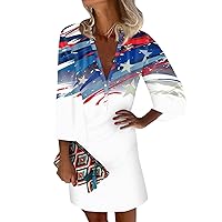 4th of July Apparel for Women Patriotic Dress for Women Sexy Casual Vintage Print with 3/4 Length Sleeve Deep V Neck Independence Day Dresses White X-Large