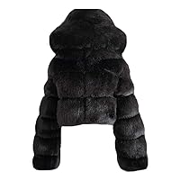 RMXEi Women Short Faux Hooded Warm Furry Splicing Jacket Long Sleeve Outerwear