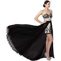Women's Short Lace Prom Dress Tulle Evening Dress with Detachable Trail A016