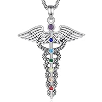 S925 Sterling Silver Caduceus Necklace for Women Men, Caduceus Pendant Medical Symbol Rod of Asclepius Protective Angel Wings Snake Jewelry Amulet Gift for Doctor Nurse Men Women,20 + 2inches