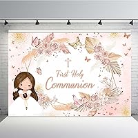 MEHOFOND 7x5ft First Holy Communion Backdrop for Girls Mi Primera Comunión Background for Photography Pink Florals Pampas Grass Happy Birthday Party Banner Supplies Decor Photo Booth Props
