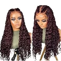 Silky Curly Human Hair Wig Pre Plucked With Baby Hair 13x4 Curly Lace Frontal Wig HD Crystal Lace Bleached Knots 150% Burgundy 99J Color Loose Deep Wave Ombre Color Remy Human Hair Wigs