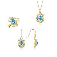 Rylos Matching Jewelry Set Yellow Gold Plated Silver Floral Pattern Halo Pendant Necklace, Earrings & Matching Ring. Gemstone & Diamonds, 18