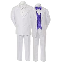 Unotux 7pcs Boys White Suits Tuxedo with Satin Purple Bow Tie Vest Set (S-20)