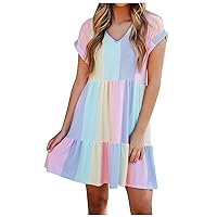 Women's Summer Dresses 2023 Colorblock Layered Mini Dress High Waist Short Sleeve Maxi Dress Casual Dresses
