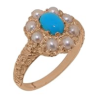Solid 18k Rose Gold Natural Turquoise, Cultured Pearl Womens Cluster Ring - Sizes 4 to 12 Available
