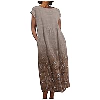2024 Women Summer Cotton Linen Dress Cap Sleeve Crew Neck Midi Dresses Flowy Boho Floral Print Loose Dress with Pockets