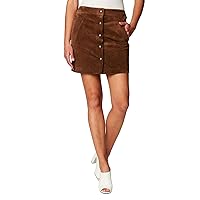 [BLANKNYC] Womens Real Suede Snap Front Mini Skirt with Pocket Detail, Stylish & Trendy Leather Miniskirt, Caramel Macchiato, 29 Brown