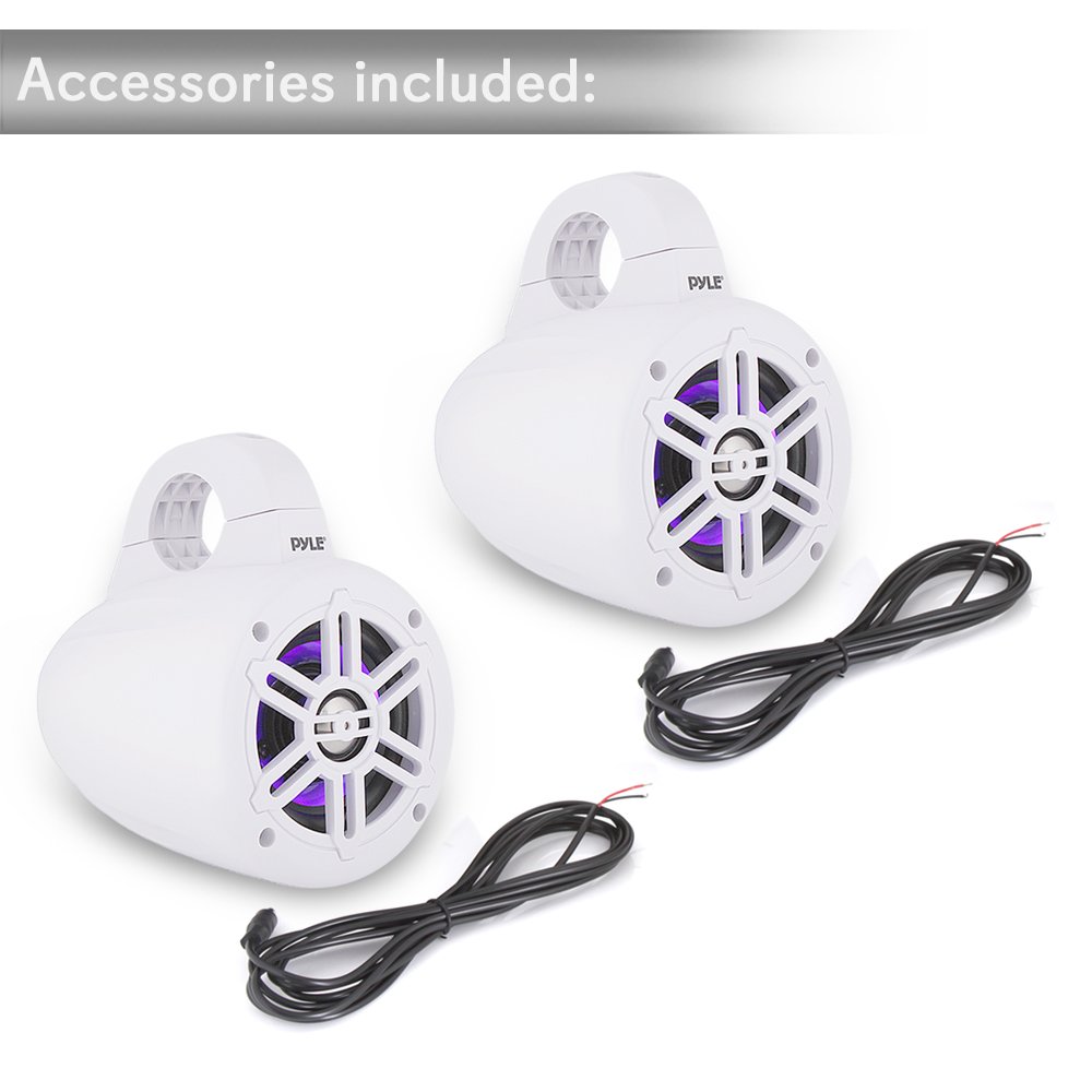 Pyle Waterproof Marine Wakeboard Tower Speakers - 4in Dual Subwoofer Speaker Set w/LED Lights & Bluetooth for Wireless Music Streaming - Boat Audio System w/Mounting Clamps PLMRLEWB47WB (White)