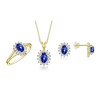 Diamond & Blue Star Sapphire Set - Ring, Earring & Pendant Necklace 14K Yellow Gold Plated Silver