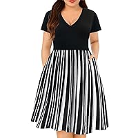 RITERA Plus Size Dress for Women Bacis Short Sleeve Colorful Stripes V Neck Elastic High Waist Casual Dress XL-5XL