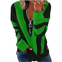 Zip Up Tops for Women Trendy Casual Stripe Print Pullover Tops Trendy V Neck Dressy Blouse Loose Long Sleeve Tshirt