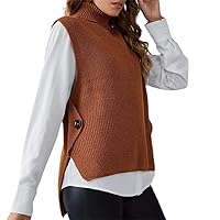 Women's Knitted High-Neck Vest Loose Pullovers Jumpers Sleeveless Sweater Women's Button Knitted Vest Yellowish Brown XL