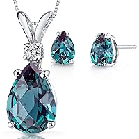 PEORA 14K White Gold Created Alexandrite Pendant and Earrings - Pear Shaped - Diamond Accented Pendant 2.55 Carats Stud Earrings 1.75 Carats