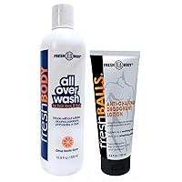 Fresh Body Fresh Balls and All Over Body Wash Set - Fresh Balls Anti Chafing Cream for Men, 3.4oz + All Over Wash for Hair, Face & Body, Shampoo and Body Wash, Citrus Vanilla Grove Shower Gel, 10.8oz