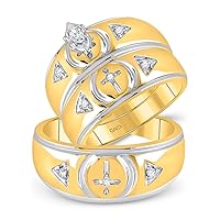 TheDiamondDeal 10kt Yellow Gold His & Hers Marquise Diamond Cross Matching Bridal Wedding Ring Band Set 1/6 Cttw