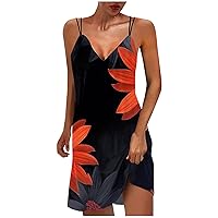 Women Tropical Flower Spaghetti Strap Sexy Mini Dress Summer Hawaiian Sleeveless V Neck Beach Sundress for Vacation