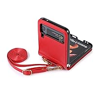 Card Holder Lanyard Leather Phone Case for Samsung Galaxy Z Flip 3/Z Flip 4 5G Back Cover with Soft TPU Border Women Shell Bumper(Red,Z Flip 4)