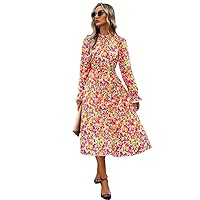 Women' Printed Elegant Dress Autumn and Winter Vacation Casual Neck Lantern Sleeve Pleated