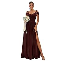 Bridesmaid Dresses for Wedding 2023 Chiffon Off Shoulder V-Neck A-line Long Formal Evening Gowns with Slit