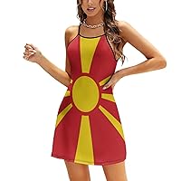 Macedonia Flag Spaghetti Straps Mini Dresses for Women Sleeveless Slip Dress Casual Sundress Tankdress