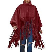 Plus Size Workout Women Autumn and Winter Fashion Casual Solid Color Tassel Blouse Turtleneck Long Blouse (Red, L)