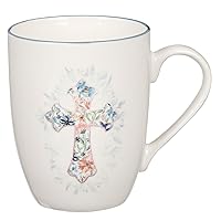 Christian Art Gifts Encouraging Ceramic Coffee & Tea Mug for Women: Pink & Light Blue Floral Cross, Cute Microwave & Dishwasher Safe Cup, Lead-free Clean Inspirational Novelty Drinkware, White, 12 oz.