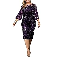 Sequin Dress for Women Plus Size Party Prom Dresses for Nightclub Fashion Sparkle Midi Dress Sexy Long Sleeve Skirt (Color : Purple)