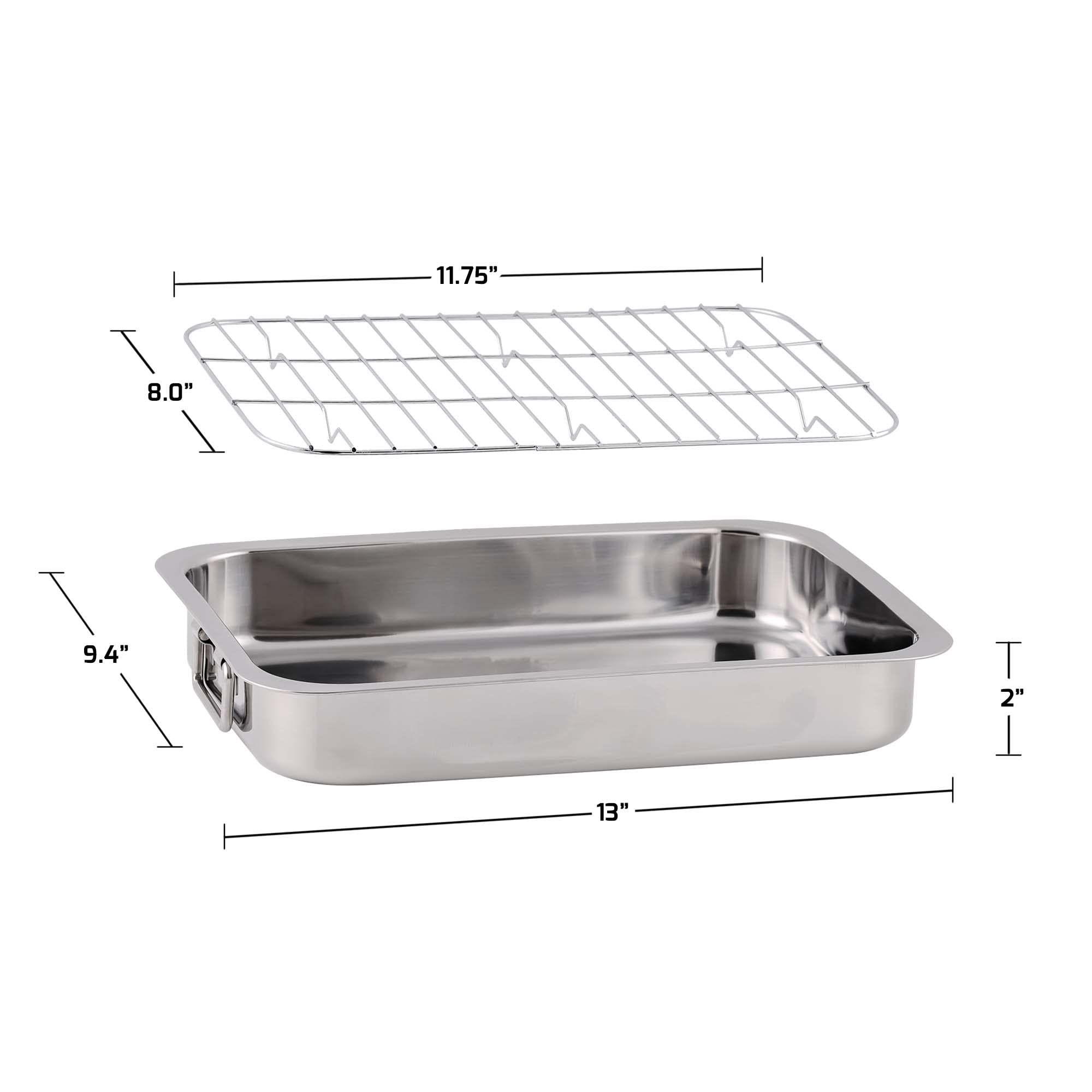 Ovente Kitchen Oven Roasting Pan 13 x 9.4 Inch Stainless Steel Portable Baking Tray with Rack and Handle, Easy to Clean Dishwasher Safe Perfect for Cooking Turkey Roast Beef Fish, Silver CWR23131S