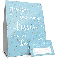 DISTINCTIVS How Many Kisses in the Jar Game - Blue and Gold - Bridal Shower or Wedding (Sign with Cards)