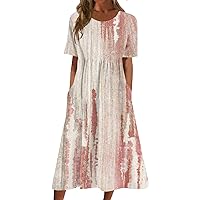 Easter Wedding Classic Tunic Dress for Women Midi Short Sleeve Cozy Crew Neck Ladies Cotton Comfortable Printed Pink S